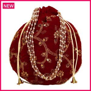Cotton Embroidered Potli Bag with Drawstring and Pearl Handle Pouch